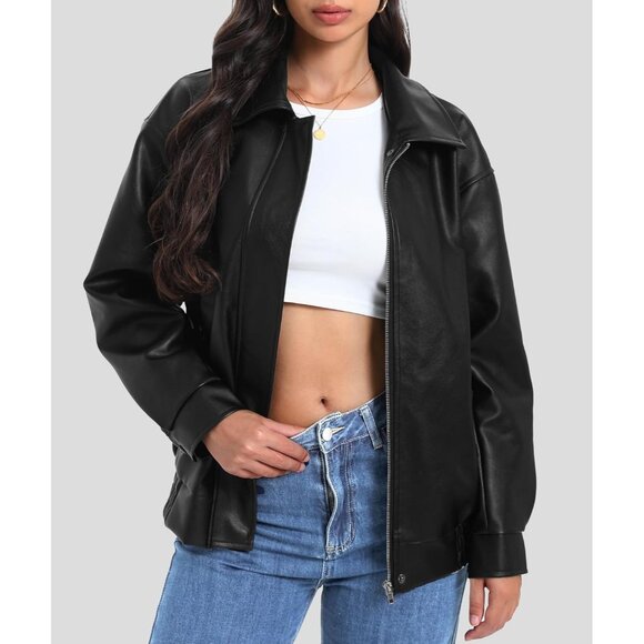 ⚡Women's Black Faux Leather Long Sleeve Zipper Oversized Motorcycle Jackets - Picture 2 of 7
